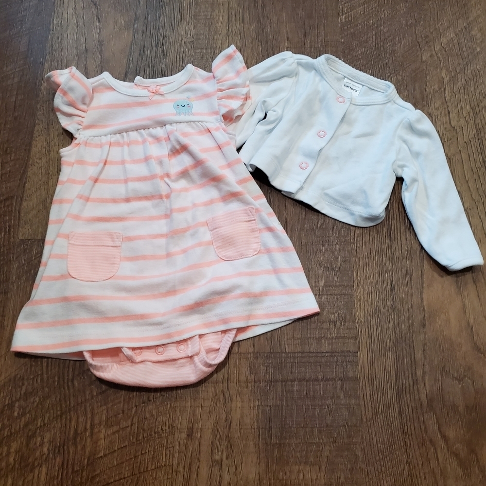 Carters Baby Girl Cotton Striped Dress Cardigan White Neon Coral Pink Octopus 3M